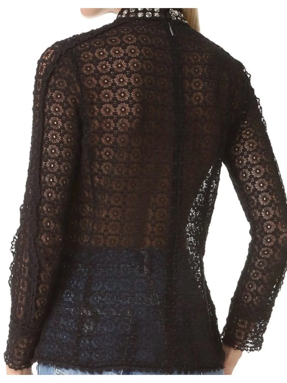 Rebecca Taylor Black Lace Embellished High Neck Long Sleeve Top